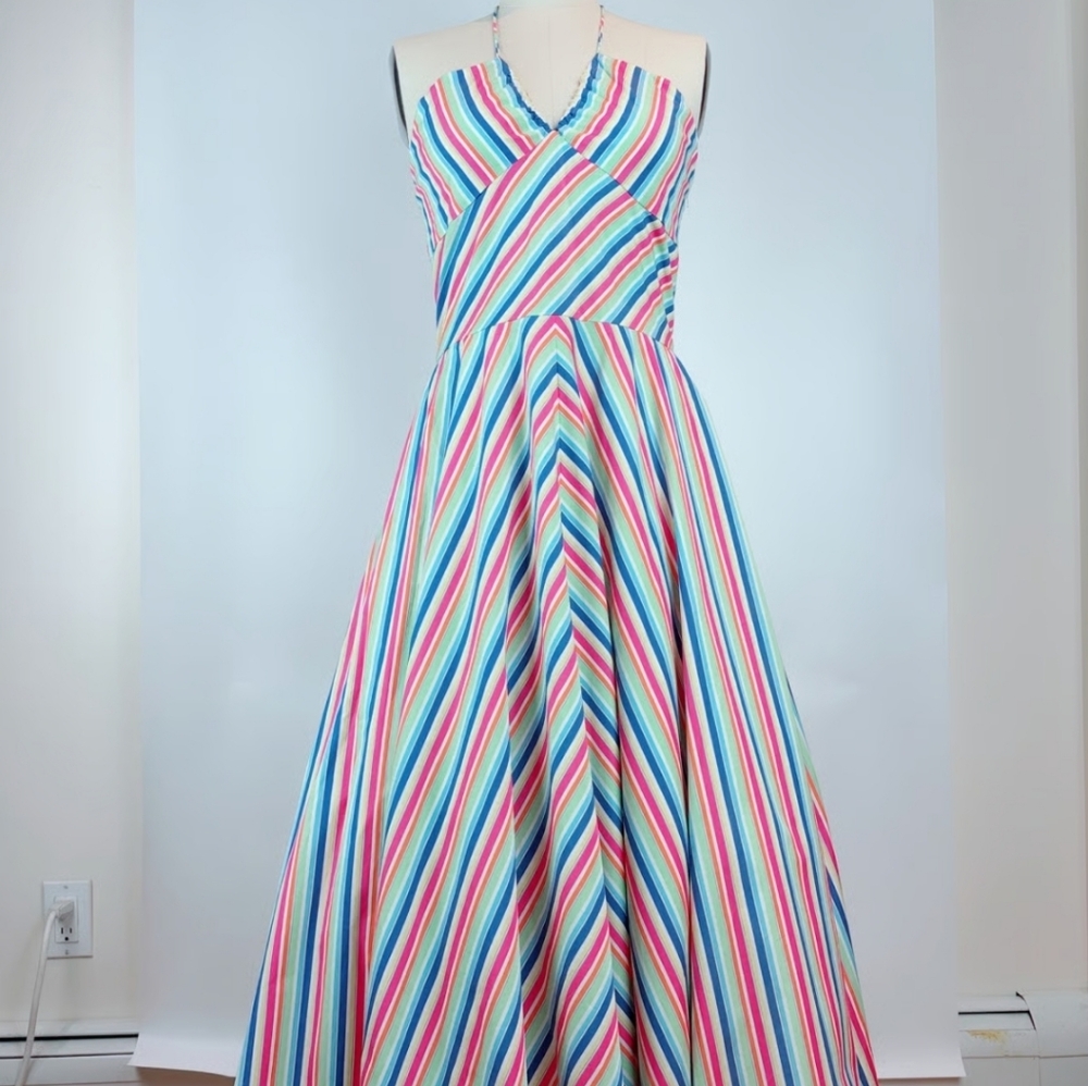Lauren Ralph Lauren Striped Dress Halter Maxi A-Line Cotton Rainbow Preppy 14